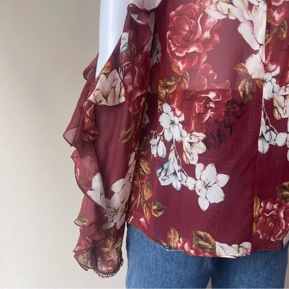NWT NICHOLAS Floral Print Ruffle Cold Shoulder Silk Blouse - Picture 5 of 13